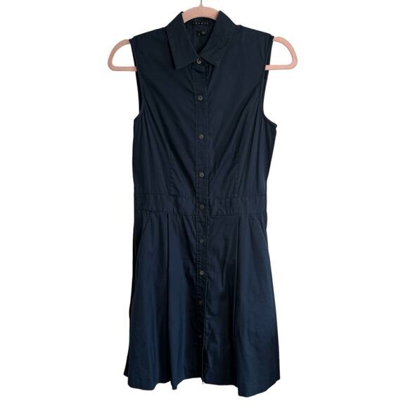 Theory Soreda Navy Sleeveless Button Down Pleated Shirt Dress - Picture 1 of 10